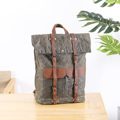 Waxed Canvas Leather Mens 15‘’ Green Waterproof Backpack Khaki Travel Backpack Hiking Backpack for Men - imessengerbags