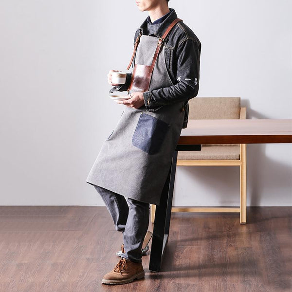 Canvas Leather Mens Womens Gray Craftsman Cafe Staff Clothes Work Apron for Men - imessengerbags
