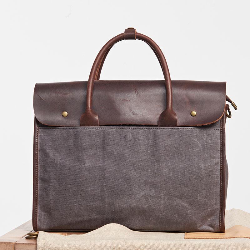 Mens Gray Canvas Leather Briefcase Handbag Work Bag Business Bag for Men