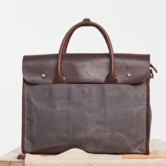 Mens Gray Canvas Leather Briefcase Handbag Work Bag Business Bag for Men