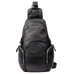Black Leather Mens Cool Crossbody Pack Sling Bags Black Sling Pack Chest Bag for Men - imessengerbags