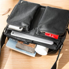 Black Cool Leather Mens 13 inches Side Bag Messenger Bags Black Courier Bags Postman Bag for Men - imessengerbags