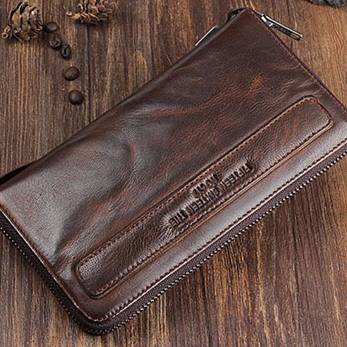 Genuine Leather Mens Cool Long Leather Wallet Zipper Wristlet Clutch Wallet - imessengerbags
