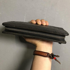 Genuine Leather Mens Cool Long Leather Wallet Zipper Clutch Wristlet Wallet for Men - imessengerbags
