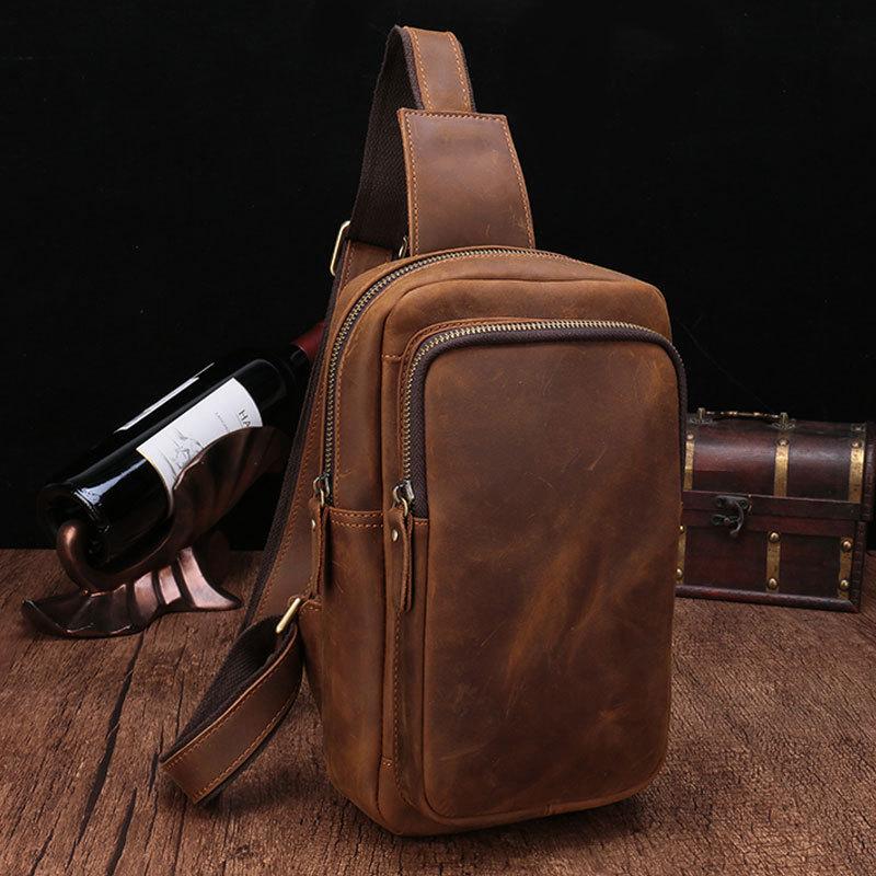 Vintage Brown Leather Men's Sling Bags Chest Bag One Shoulder Backpack For Men - imessengerbags
