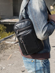 Black Casual Leather Mens 8 inches Sling Bag Chest Bag Black One Shoulder Backpack Phone Bag for Men - imessengerbags