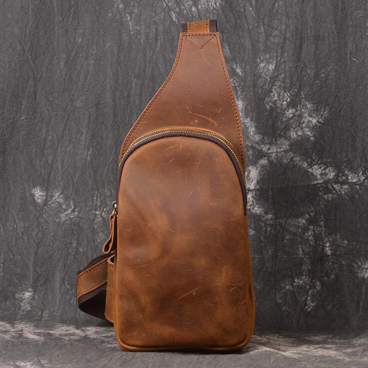 Vintage Brown Leather Men's Chest Bag One Shoulder Backpack Sling Bag For Men