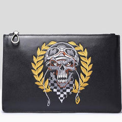 Handmade Leather Mens Clutch Skull Cool Slim Wallet Zipper Clutch Wristlet Wallet for Men