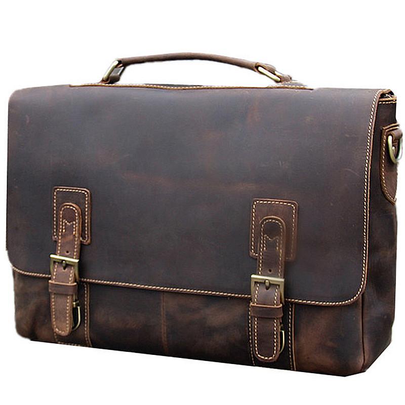Vintage Black Mens Leather Briefcase Work Handbags Brown 14'' Computer Briefcases For Men - imessengerbags