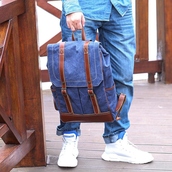 Denim Blue Waxed Canvas Mens Large 14'' Laptop Backpack College Backpack Hiking Backpack for Men - imessengerbags
