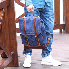 Denim Blue Waxed Canvas Mens Large 14'' Laptop Backpack College Backpack Hiking Backpack for Men - imessengerbags