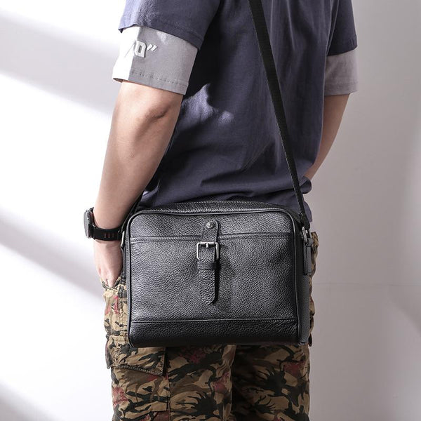 Casual Black Leather MENS Small Side Bag Black Messenger Bag Leather Courier Bag For Men