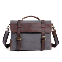 Canvas Leather Mens Vintage Khaki 14'' Briefcase Side Bag Lake Green Messenger Bag Brown Courier Bag for Men - imessengerbags