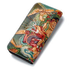 Handmade Leather Tooled White Jambhala Mens Long Wallet Cool Leather Clutch Wallets for Men