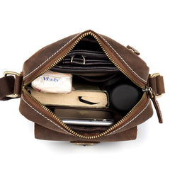 Casual Dark Brown Leather Mens Mini Vertical Messenger Bag Small Side Bags Postman Bag for Men