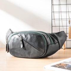 Cool Black Leather Mens Chest Bag Waist Bag Sling Bags Black Fanny Pack for Men