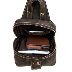 Casual Dark Brown Leather Mens One Shoulder Backpacks Sling Bags Chest Bags for Men - imessengerbags