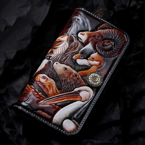 Handmade Leather Tooled The Animals Mens Chain Zipper Biker Wallet Cool Leather Wallet Long Phone Wallets for Men - imessengerbags