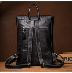 Fashion Mens Black Leather 14-inch Satchel Computer Backpacks Cool Travel Backpacks School Backpack for men - imessengerbags