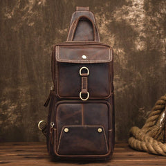 Cool Brown Leather Men's Sling Bag Chest Bag Brown One Shoulder Backpack For Men