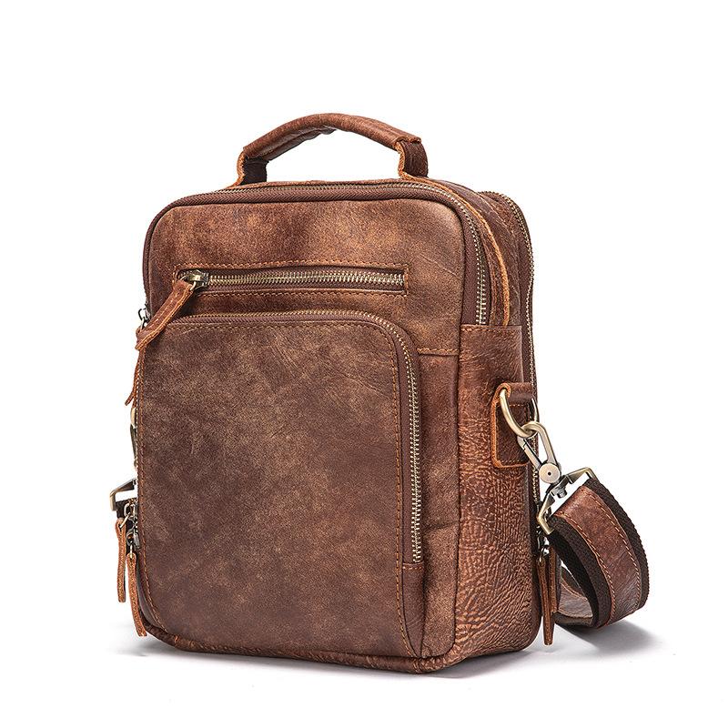 Brown Cool Leather Small Vertical Side Bag Briefcase Messenger Bag Brown Handbag Shoulder Bag For Men