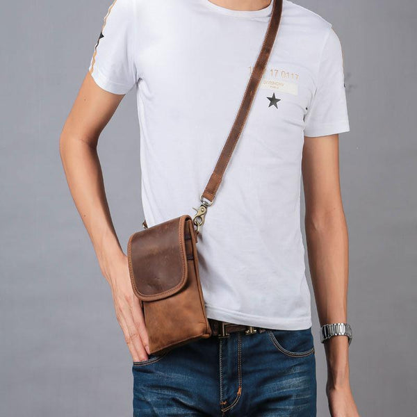 Cool Brown Leather Mens Mini Shoulder Bag Belt Pouch Waist Bag For Men