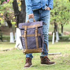 Waxed Canvas Leather Mens 15‘’ Gray College Backpack Travel Backpack Hiking Backpack for Men - imessengerbags