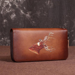 Brown Vintage Deer Wallet Leather Mens Womens Gray Long Wallet Zipper Clutch Wallet For Men - imessengerbags