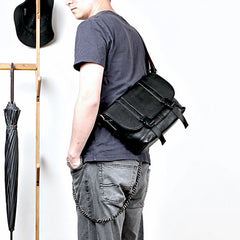 Black Leather Mens Casual Side Bag Courier Bag Black Messenger Bags Black Postman Bag For Men - imessengerbags