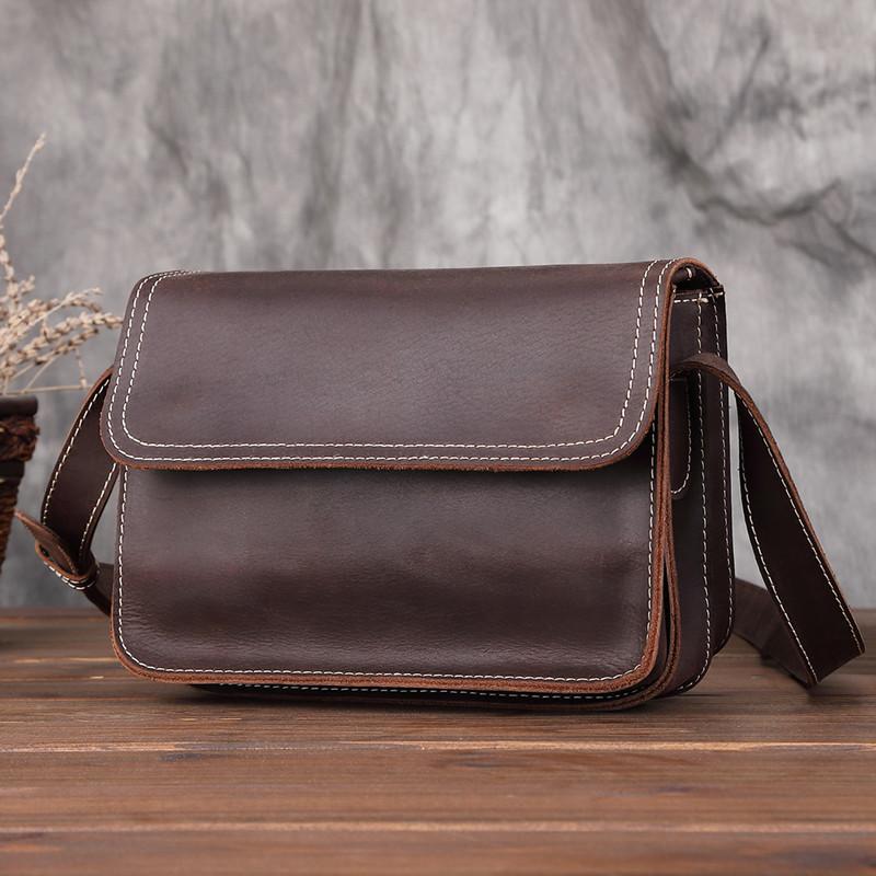 Brown Cool Leather Small Messenger Bag Satchel Postman Bag Coffee Side Bag Courier Bag For Men