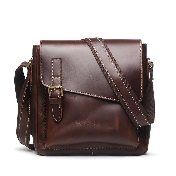 Vintage Leather Men's Small Side Bag Vertical Messenger Bag Shoulder Bag For Men
