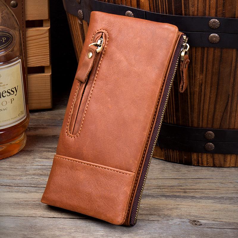 Black Cool Mens Leather long Wallet Brown Leather Zipper Wallet Long Wallets Clutch for Men - imessengerbags