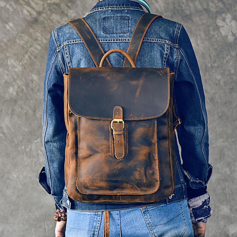 Vintage Leather Mens 13" Travel Backpack Brown College Laptop Backpack for Men - imessengerbags