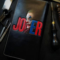 Badass Black Leather Men's Joker Long Biker Wallet Handmade Tooled Zipper Long Wallets For Men