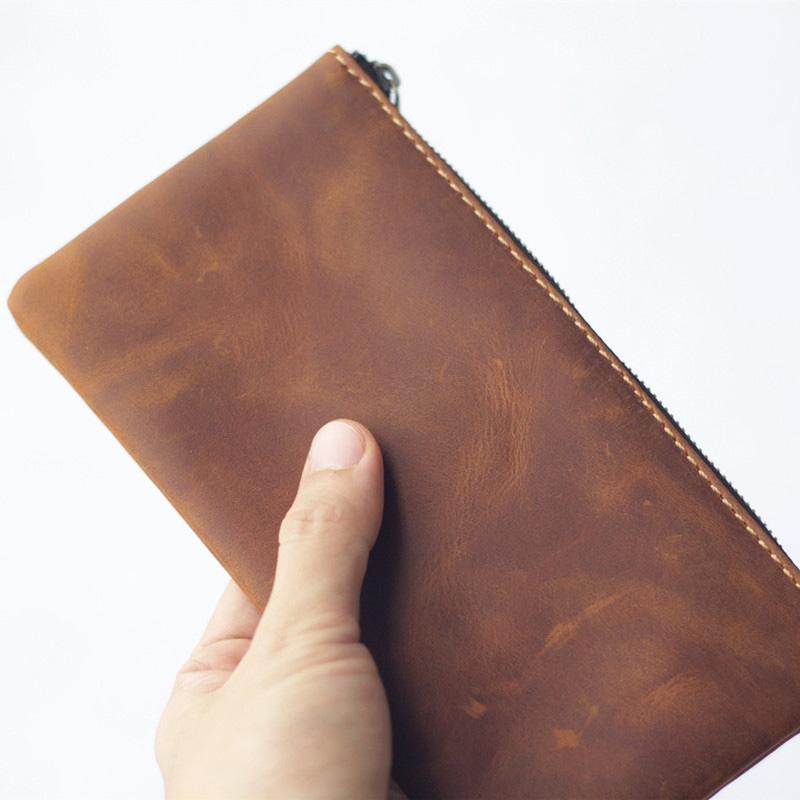Vintage Dark Brown Leather Mens Phone Wallet Clutch Bag Wristlet Bag Zipper Long Wallet For Men - imessengerbags