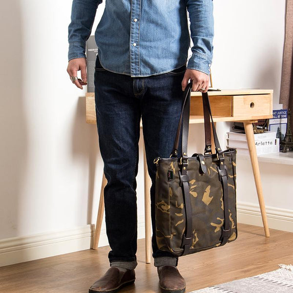 Waxed Canvas Mens Womens Handbag 14'' Tote Bag Camouflage Shoulder Bag Tote Purse For Men - imessengerbags