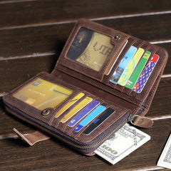 Vintage Brown Leather Men's Bifold Long Wallet Cool Zipper Long Wallet Clutch For Men - imessengerbags
