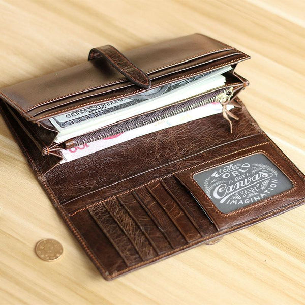 Dark Coffee Leather Mens Bifold Long Wallet Multi-cards Bifold Long Wallet For Men