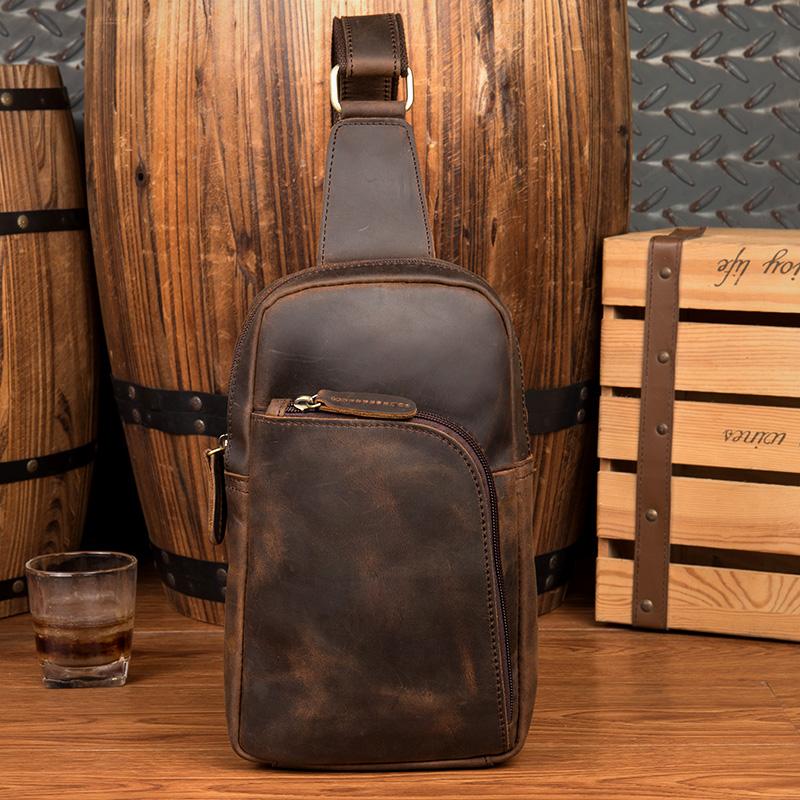 Dark Brown Leather Mens Cool Sling Bags Brown Crossbody Pack Chest Bag One Shoulder Backpack for men - imessengerbags