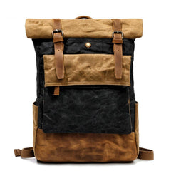 Cool Waxed Canvas Leather Mens Black 15'' Large Waterproof Travel Backpacks Computer Hiking Backpack for Men - imessengerbags