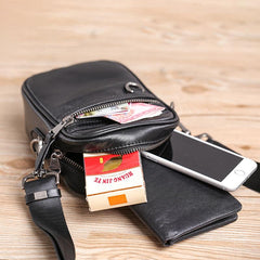 Black Leather MENS Small Vertical Side Bag Black MIni Messenger Bag Mobile Bag For Men