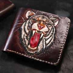 Handmade Leather Tiger Tooled Mens billfold Wallet Cool Leather Wallet Slim Wallet for Men - imessengerbags