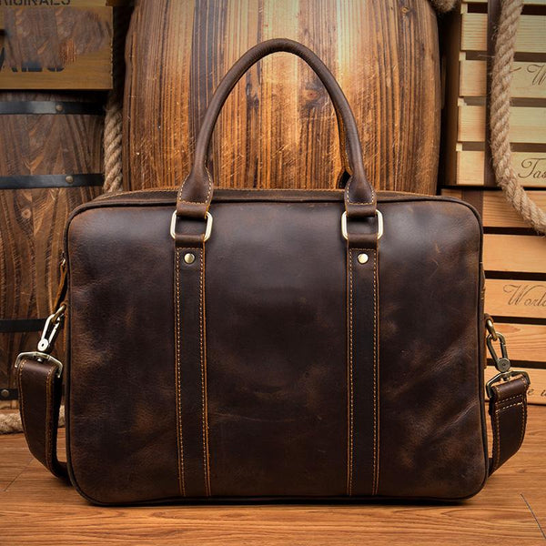 Brown Leather Mens 14 inches Briefcase Laptop Bag Navy Business Bags Work Bag for Men