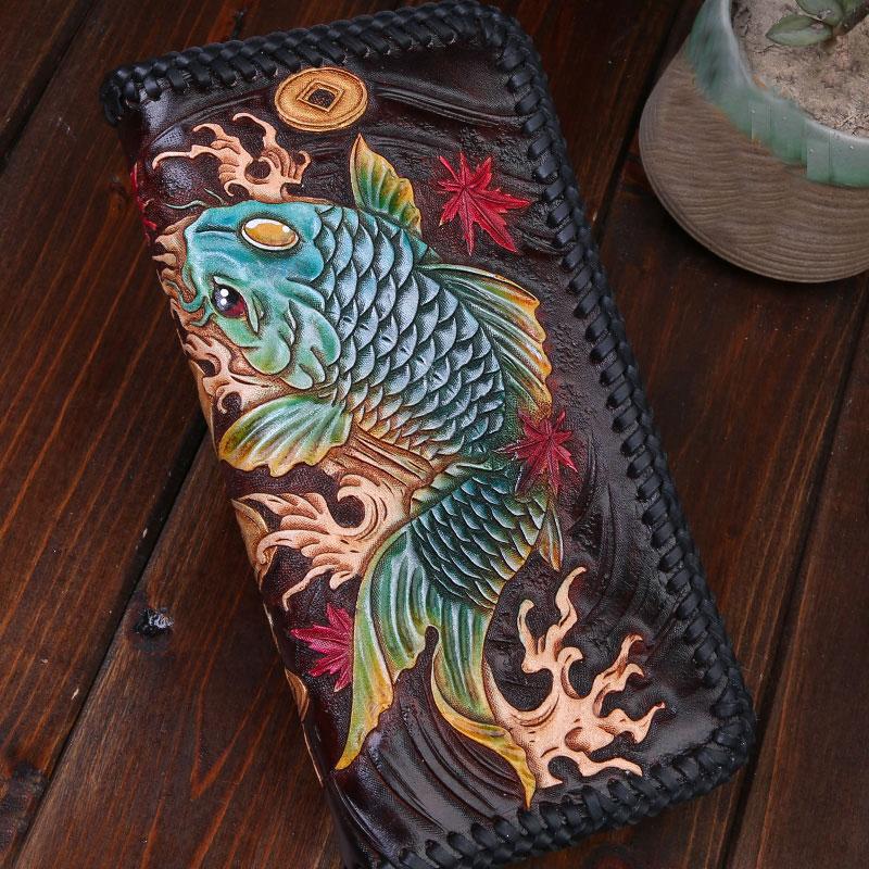 Handmade Leather Mens Clutch Wallet Tooled Cool Carp Wallet Long Zipper Wallets for Men - imessengerbags