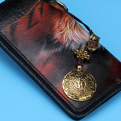 Handmade Leather Tooled Tiger Mens Chain Biker Wallet Cool Leather Wallet Long Clutch Wallets for Men