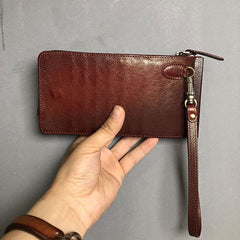Genuine Leather Mens Cool Long Leather Wallet Cards Phone Zipper Clutch Wristlet Wallet for Men - imessengerbags