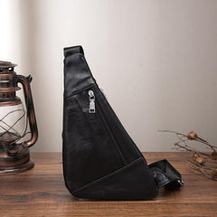 Cool Black Leather Mens Sling Bag Chest Bag One-Shoulder Backpack For Men