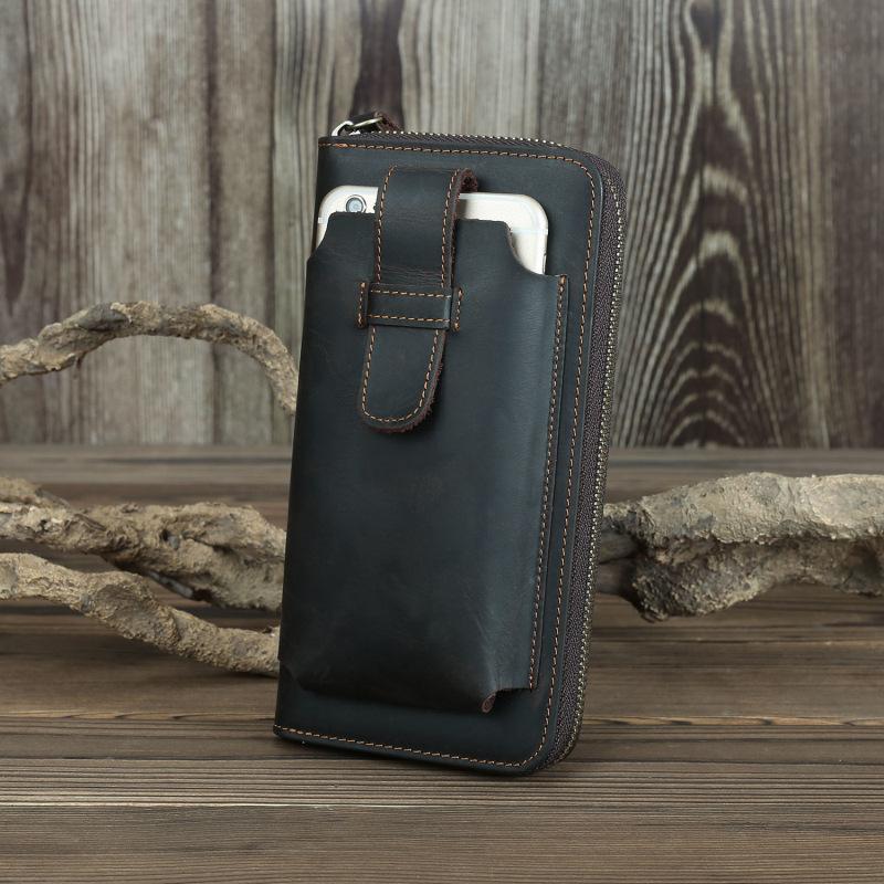 Brown Vintage Leather Long Wallet for Men Bifold Black COffee Phone Clutch Wallet For Men
