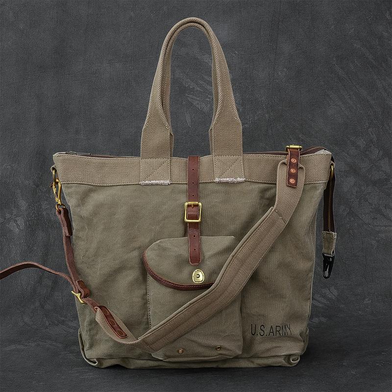 Washed Canvas Leather Mens 15'' Army Green Tote Bag Handbag Tote Bag Light Coffee Shoulder Bag Tote Purse For Men - imessengerbags