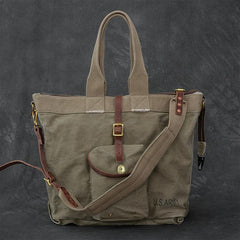Washed Canvas Leather Mens 15'' Army Green Tote Bag Handbag Tote Bag Light Coffee Shoulder Bag Tote Purse For Men - imessengerbags